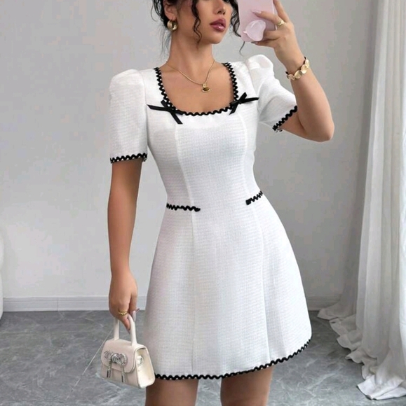 Summer Elegant Colorblock Ribbon Bow Accent Puff Sleeve Dress - Picture 1 of 4